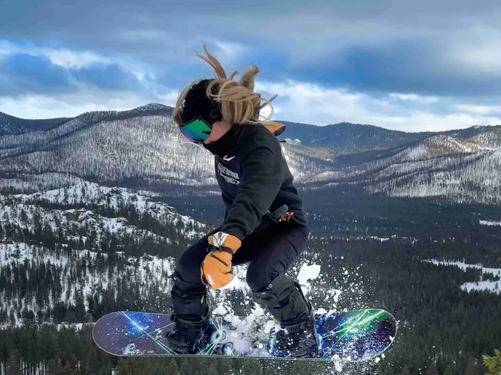 Backcountry skier in fresh snow near Lake Tahoe