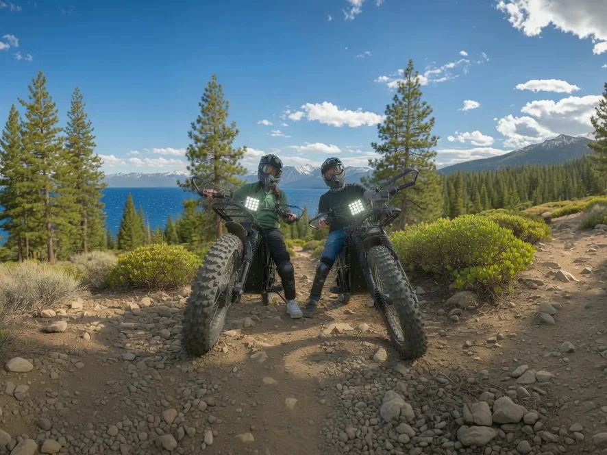 Two riders on electric dirt bikes on a trail overlooking Lake Tahoe